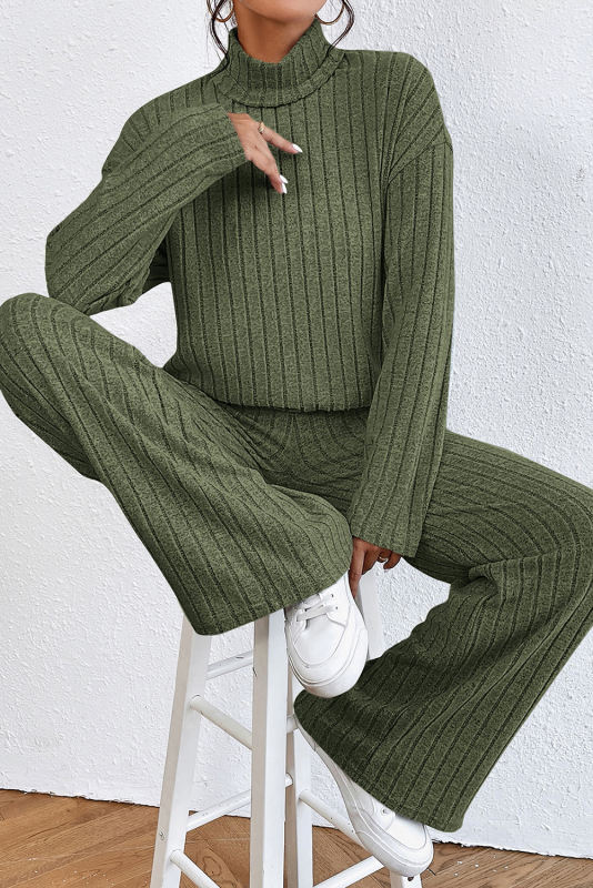 Jungle Green Ribbed Knit High Neck Loose Top and Pants Set