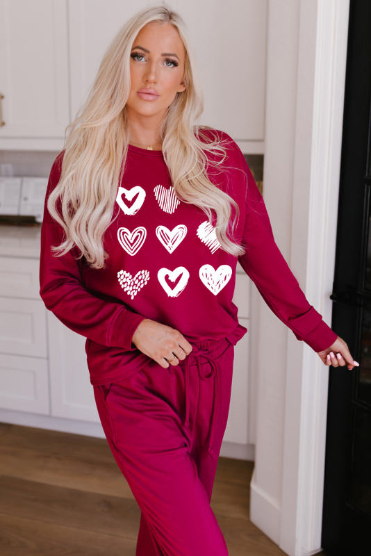 Red Heart Graphic Pullover and Drawstring Pants Lounge Set