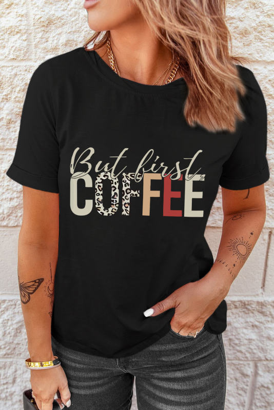 Black But First Coffee Leopard Print Crew Neck T Shirt