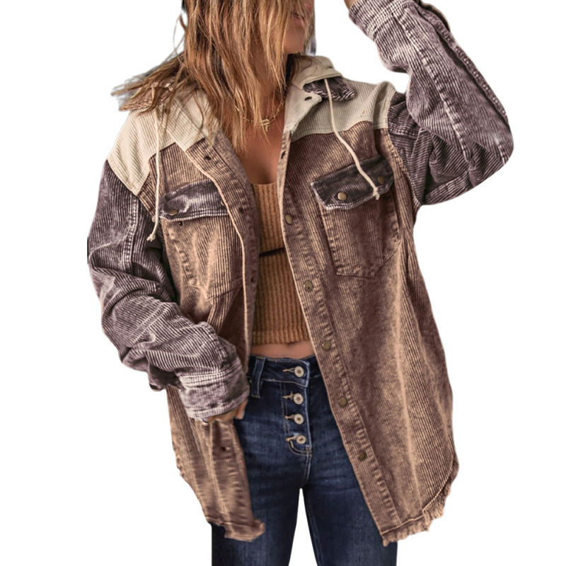 Light Coffee Patchwork Pocket Corduroy Hooded Shacket