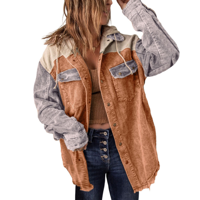 Orange Patchwork Pocket Corduroy Hooded Shacket