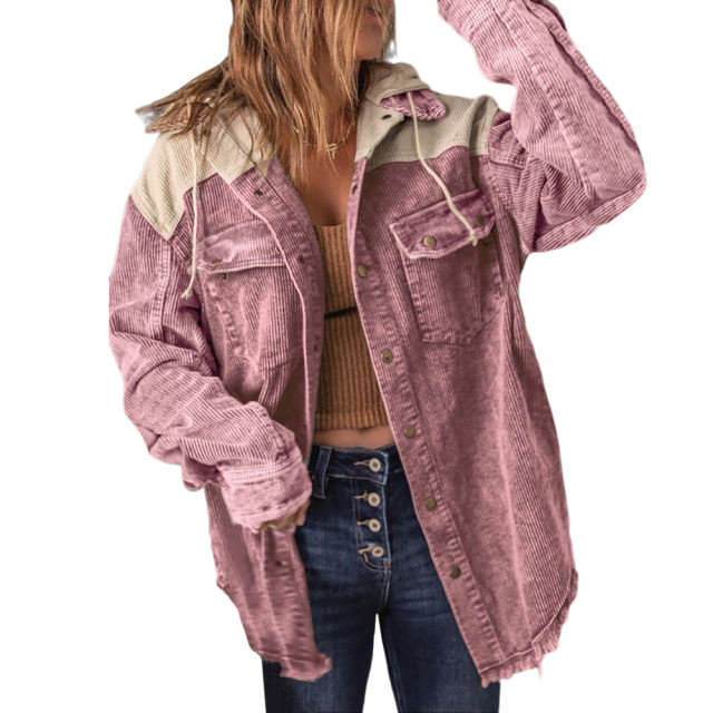 Pink Patchwork Pocket Corduroy Hooded Shacket