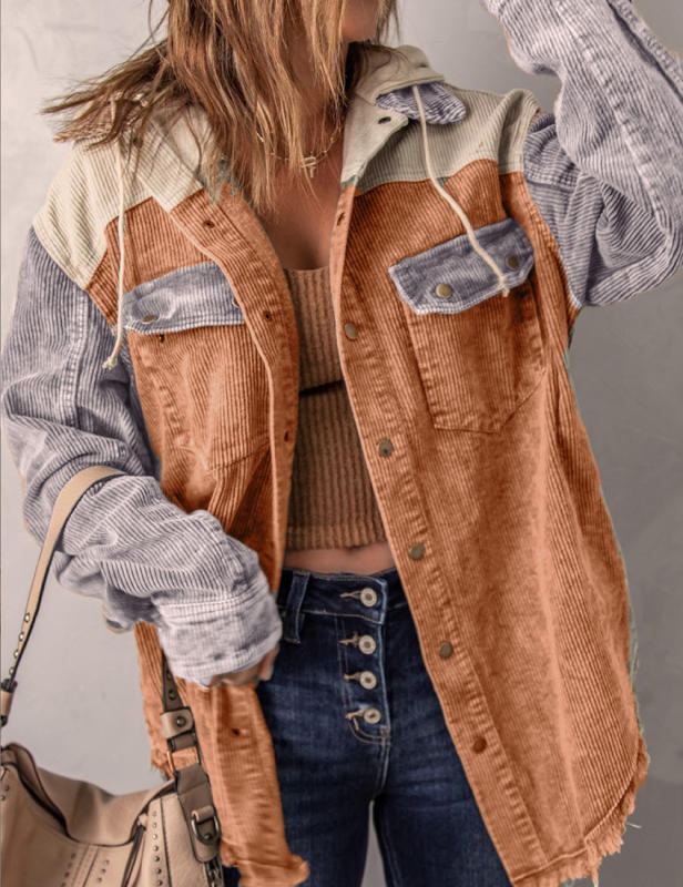 Orange Patchwork Pocket Corduroy Hooded Shacket