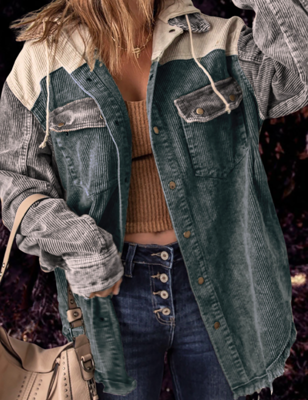 Gray-green Patchwork Pocket Corduroy Hooded Shacket