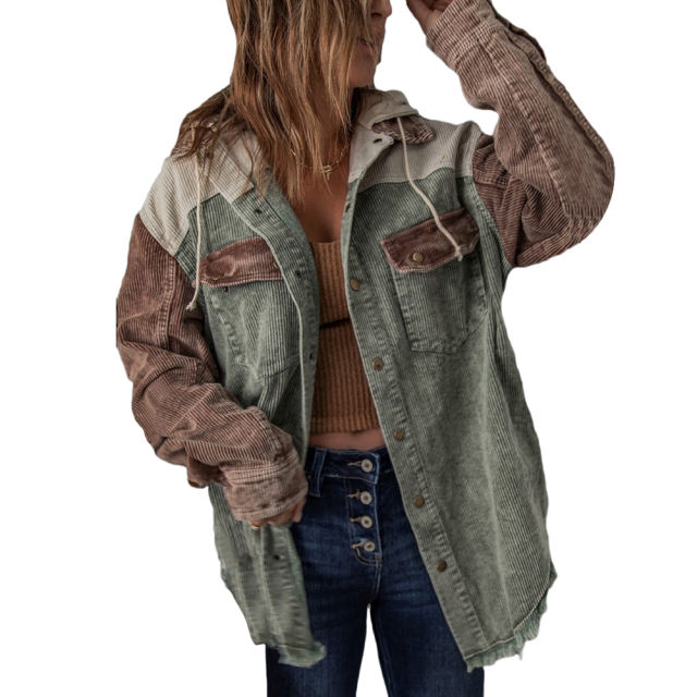 Green Patchwork Pocket Corduroy Hooded Shacket
