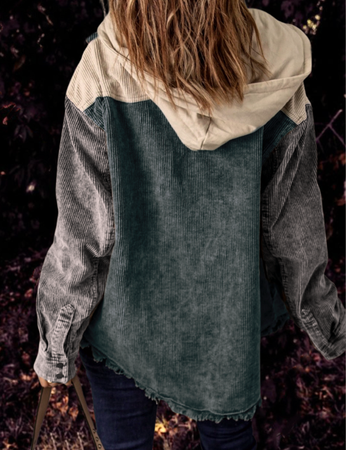 Gray-green Patchwork Pocket Corduroy Hooded Shacket