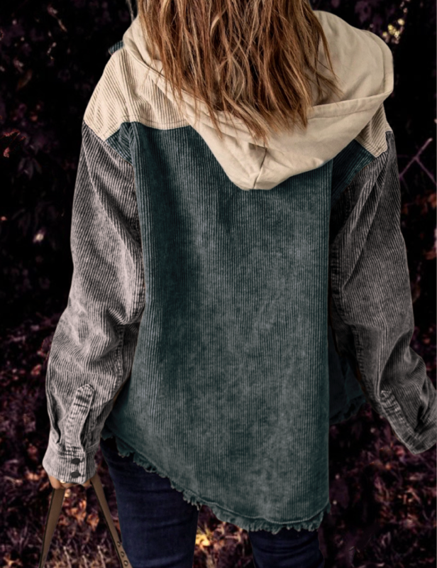 Gray-green Patchwork Pocket Corduroy Hooded Shacket