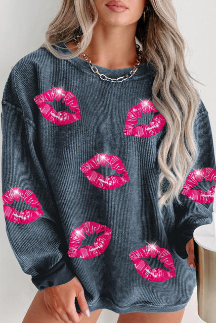 Blue Valentine Lip Shaped Print Corded Plus Size Sweatshirt