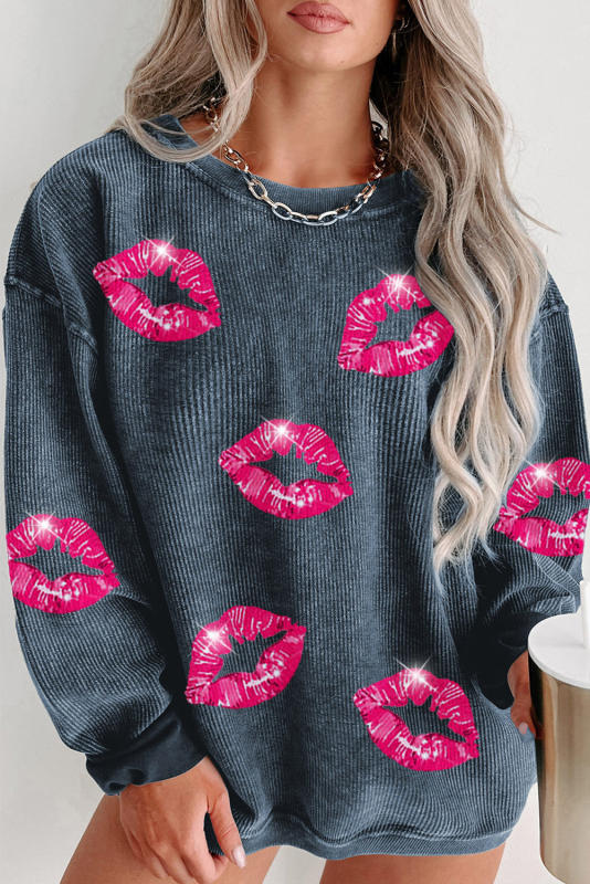 Blue Valentine Lip Shaped Print Corded Plus Size Sweatshirt