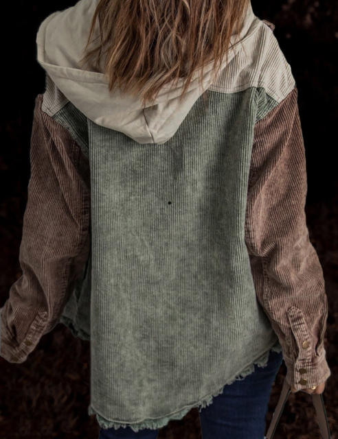 Green Patchwork Pocket Corduroy Hooded Shacket