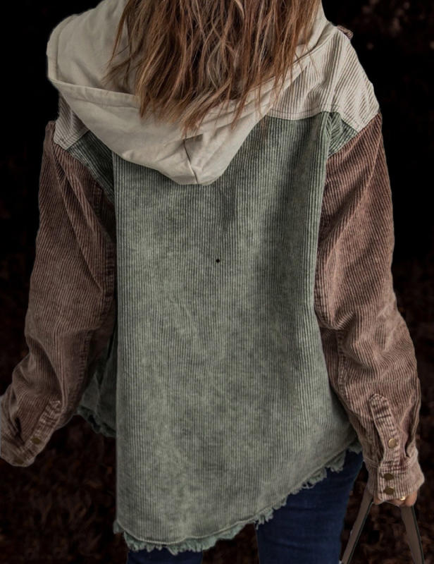 Green Patchwork Pocket Corduroy Hooded Shacket