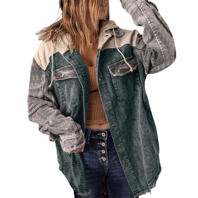 Gray-green Patchwork Pocket Corduroy Hooded Shacket