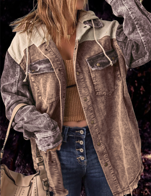 Light Coffee Patchwork Pocket Corduroy Hooded Shacket