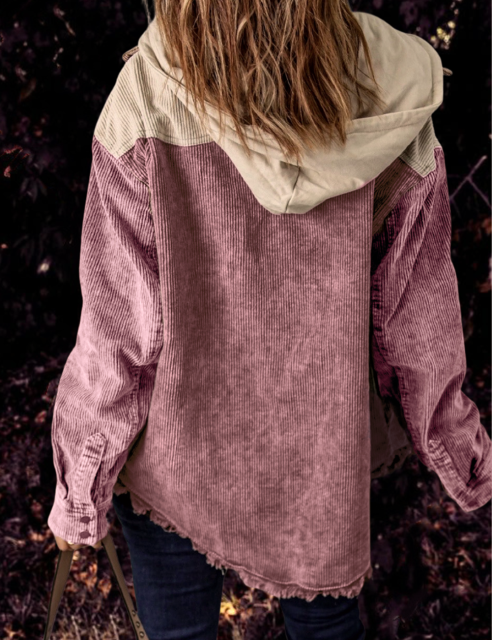 Pink Patchwork Pocket Corduroy Hooded Shacket