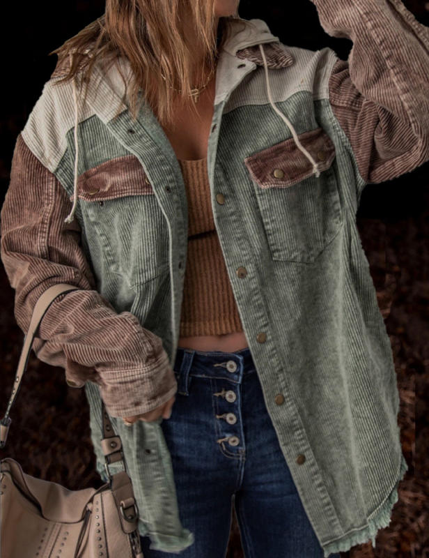 Green Patchwork Pocket Corduroy Hooded Shacket