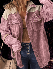 Pink Patchwork Pocket Corduroy Hooded Shacket