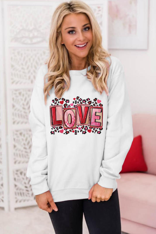 Beige LOVE Leopard Graphic Crew Neck Sweatshirt