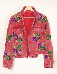 Red Corduroy Spliced Sequined Graphic Jacket