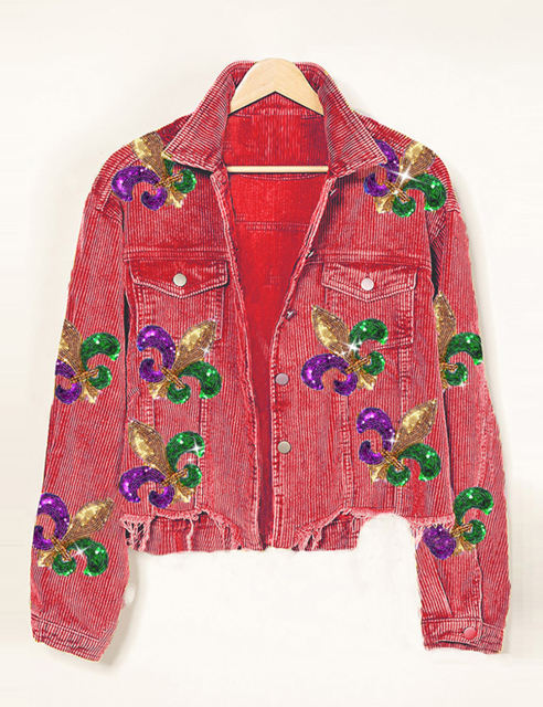 Red Corduroy Spliced Sequined Graphic Jacket