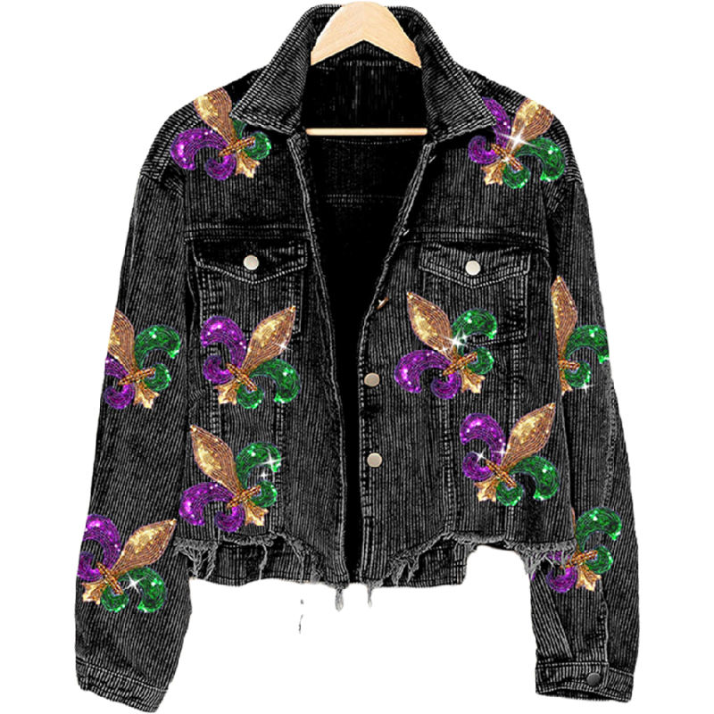 Black Corduroy Spliced Sequined Graphic Jacket