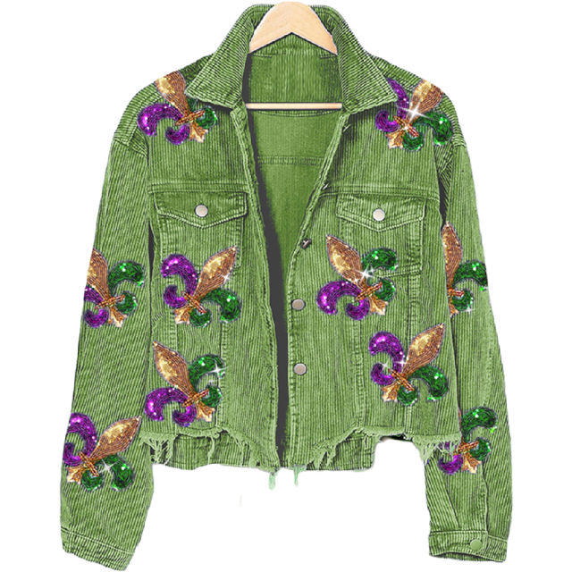 Green Corduroy Spliced Sequined Graphic Jacket