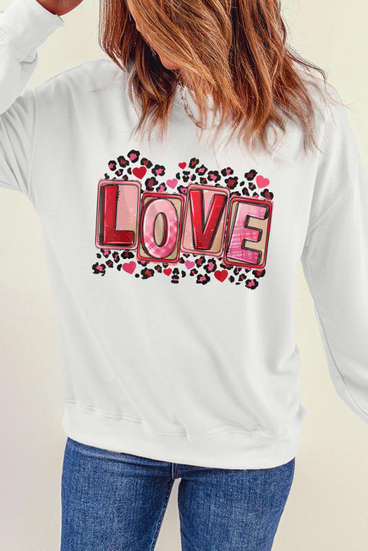 Beige LOVE Leopard Graphic Crew Neck Sweatshirt