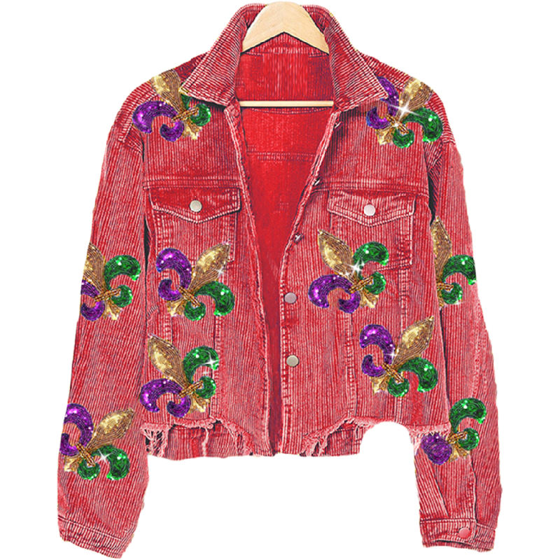 Red Corduroy Spliced Sequined Graphic Jacket