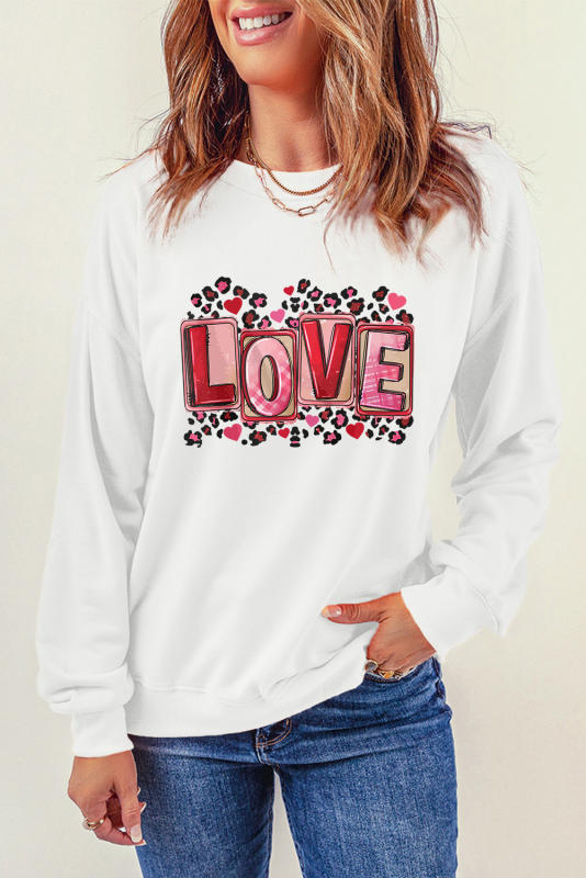 Beige LOVE Leopard Graphic Crew Neck Sweatshirt