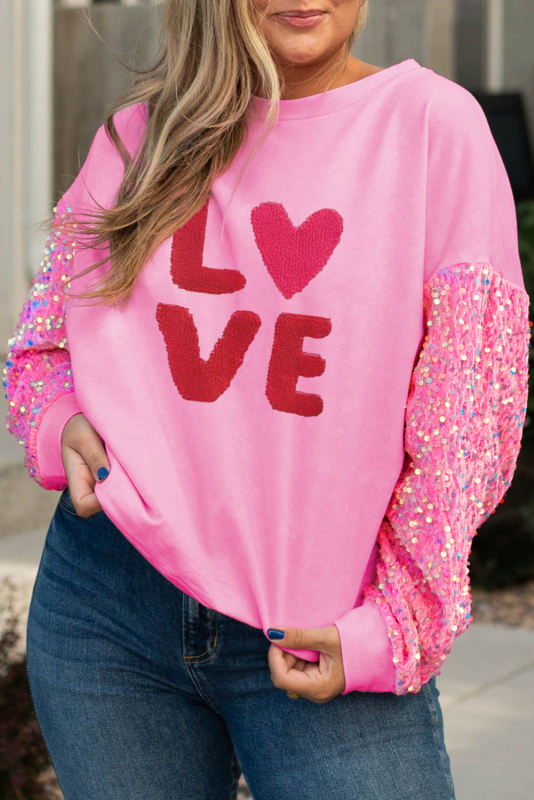 Pink Sequin Sleeve Valentine LOVE Graphic Plus Size Sweatshirt