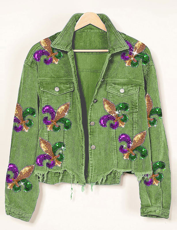 Green Corduroy Spliced Sequined Graphic Jacket
