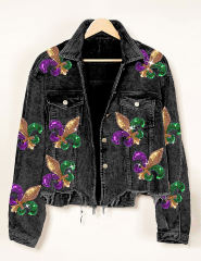 Black Corduroy Spliced Sequined Graphic Jacket