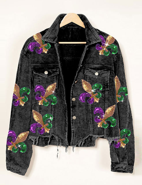 Black Corduroy Spliced Sequined Graphic Jacket
