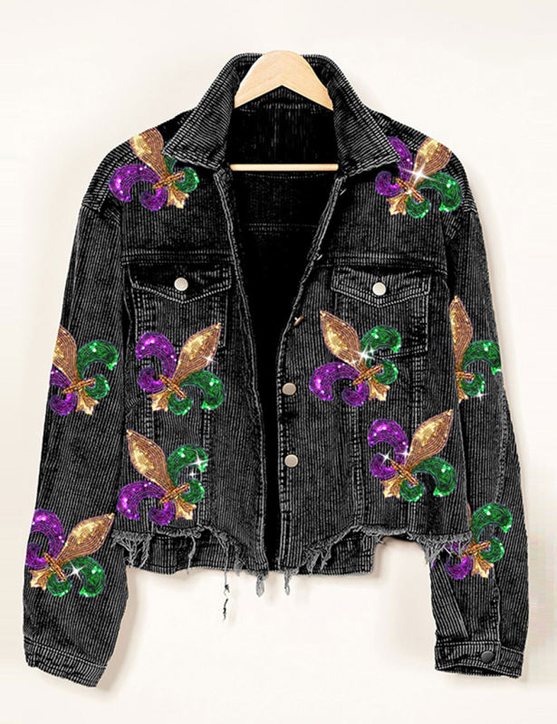 Black Corduroy Spliced Sequined Graphic Jacket