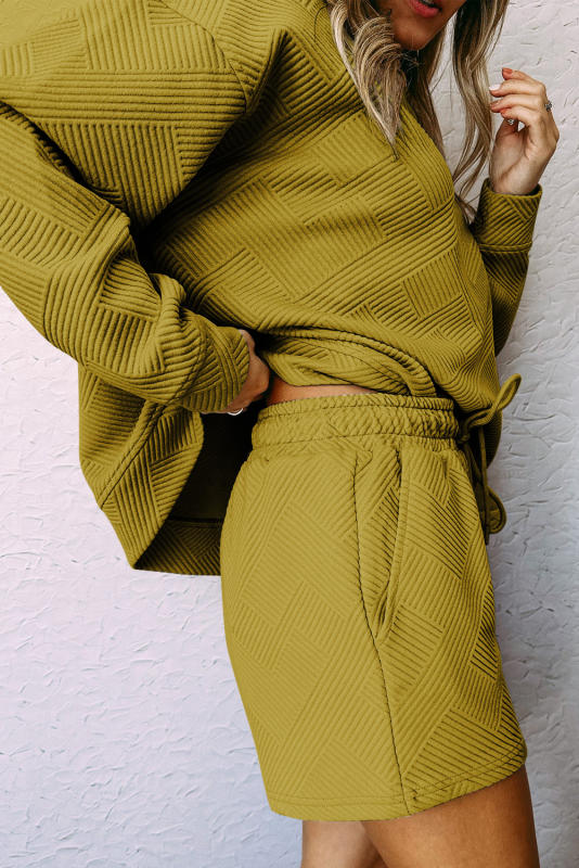 Yellow Textured Long Sleeve Top and Drawstring Shorts Set
