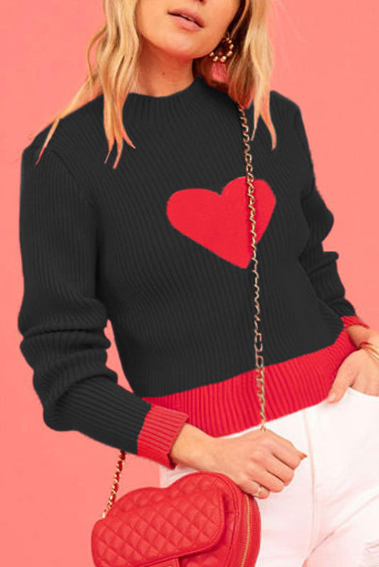 Black Mock Neck Colorblock Valentine Heart Ribbed Sweater