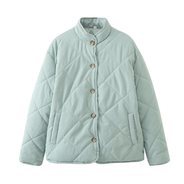 Green Stand Neck Button-down Pocket Casual Coat