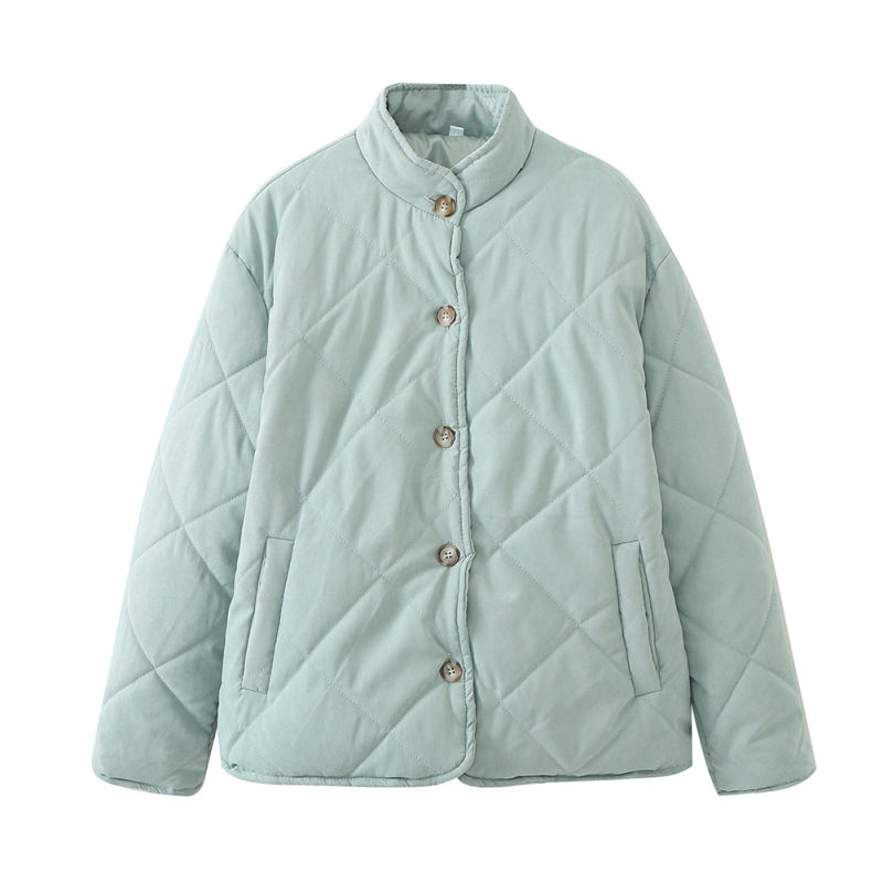 Green Stand Neck Button-down Pocket Casual Coat
