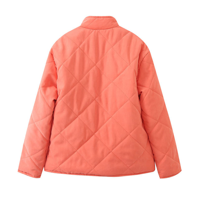 Orange Stand Neck Button-down Pocket Casual Coat