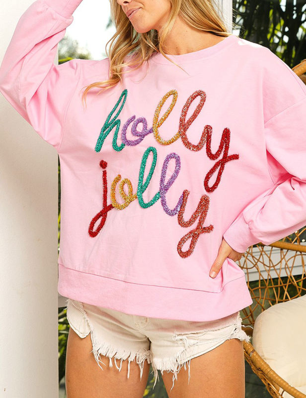 Pink Glitter Letters Print Christmas Sweatshirt