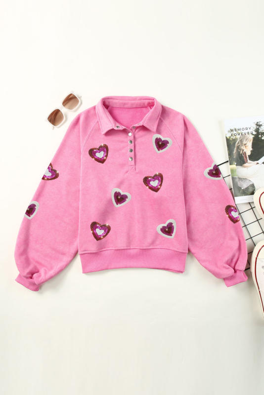 Pink Mineral Wash Sequin Heart Snap Buttons Collared Sweatshirt