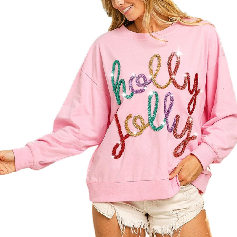 Pink Glitter Letters Print Christmas Sweatshirt