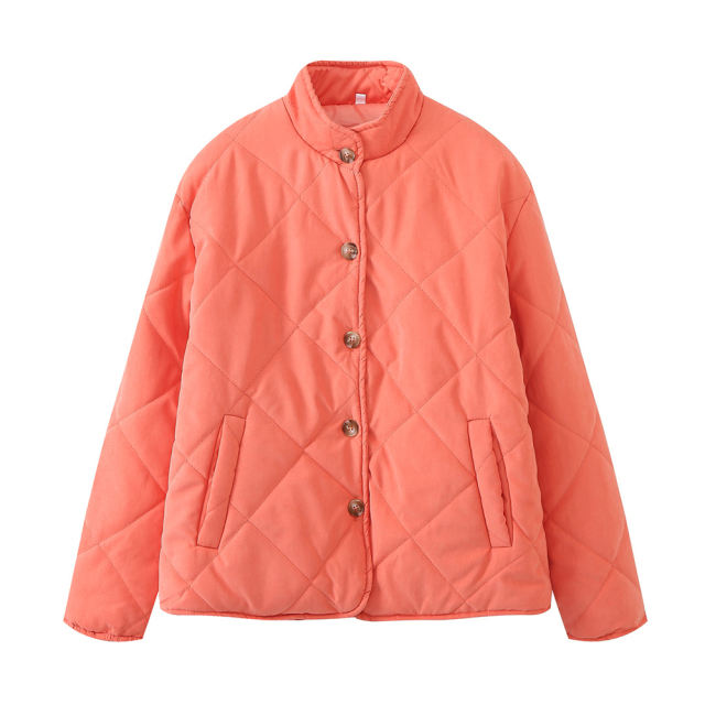 Orange Stand Neck Button-down Pocket Casual Coat