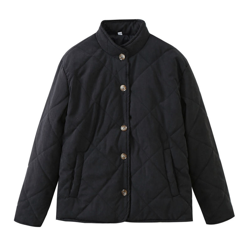 Black Stand Neck Button-down Pocket Casual Coat