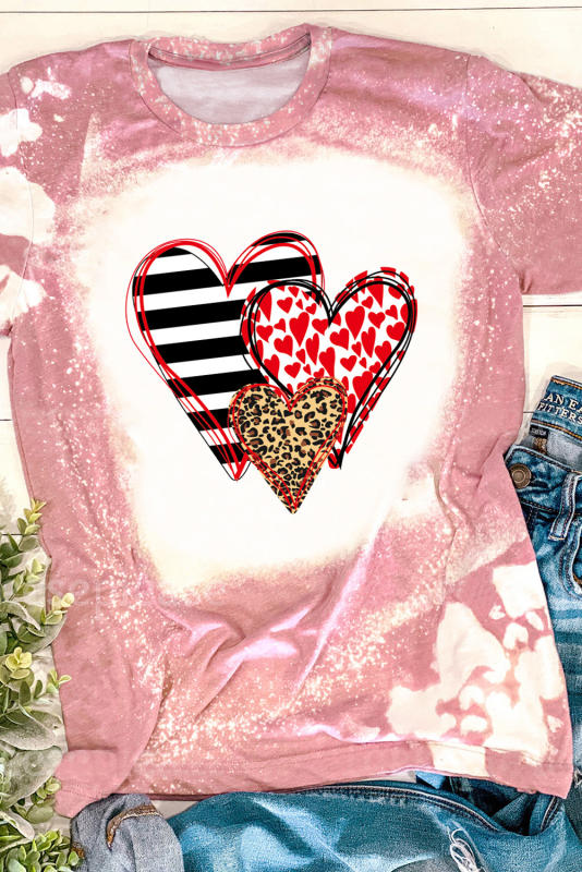 Pink Bleached Tie-dye Print Heart Shape Graphic Tee