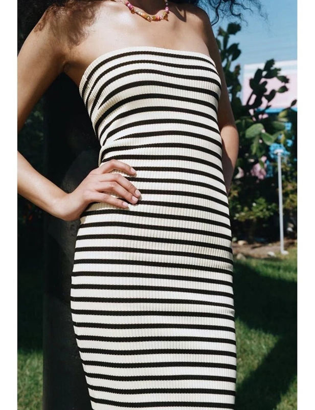Striped Print Strapless Bodycon Jersey Dress