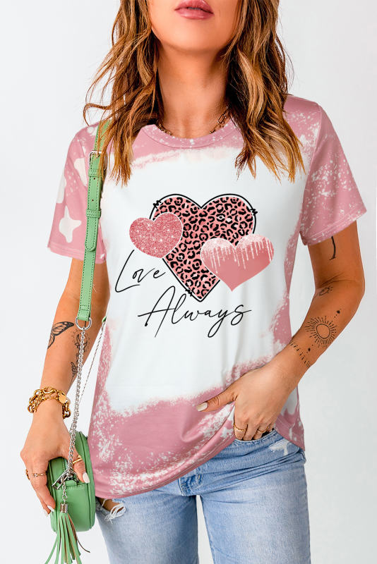 Pink Love Always Heart Leopard Bleached Graphic T Shirt