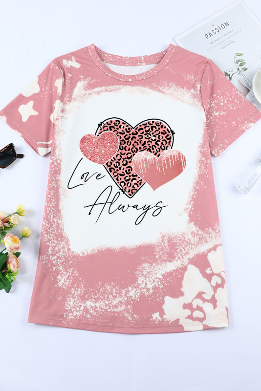 Pink Love Always Heart Leopard Bleached Graphic T Shirt