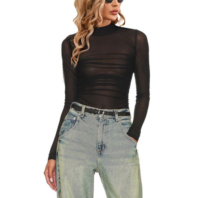 Black Mock Neck Pleated  Sheer Mesh Long Sleeve Bodysuit