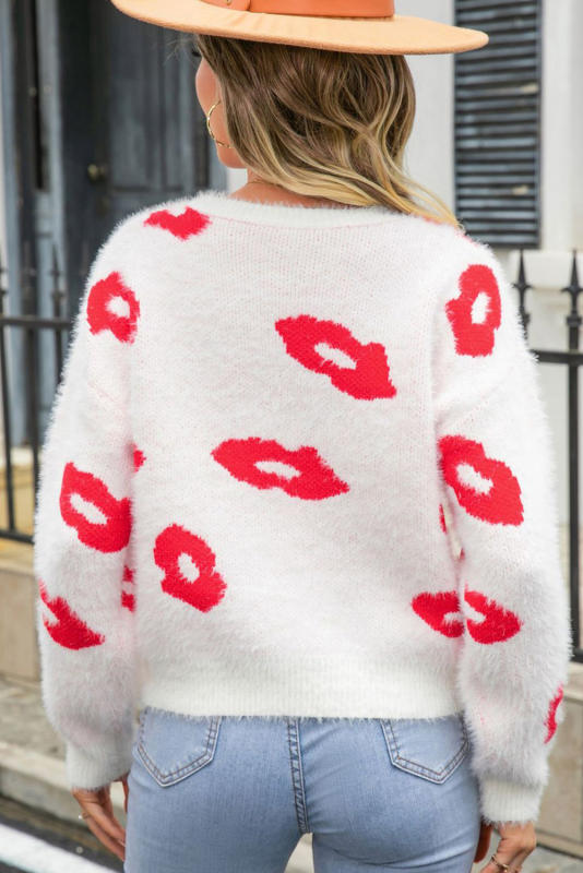White Valentine Kisses Fuzzy Sweater