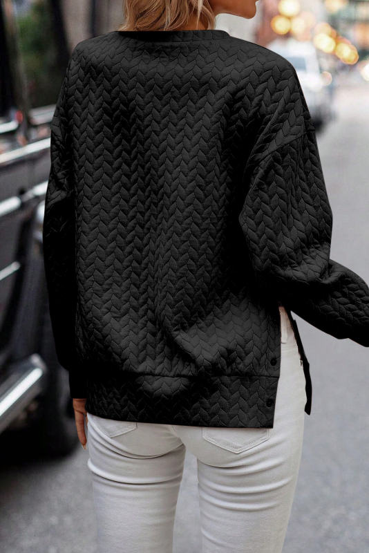 Black Side Buttons Cable Textured Sweatshirt